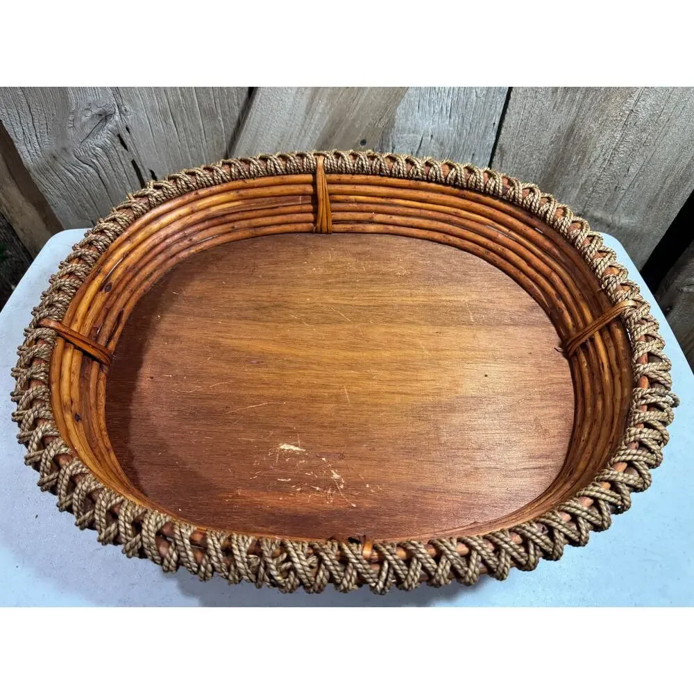Vintage Oval Bamboo Rattan Serving Tray Wooden Bottom Twisted Twine Rope Trim